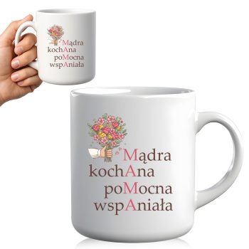 Biały kubek z kolorowym nadrukiem kwiatów i napisem 