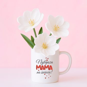 Kubek dla mamy Najlepsza MAMA na świecie z kwiatami na różowym tle – idealny prezent