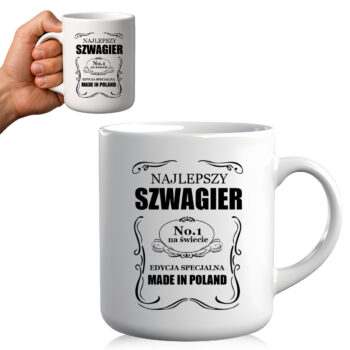Kubek „Najlepszy szwagier – No.1 na świecie” trzymany w dłoni