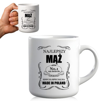 Kubek „Najlepszy Mąż – No.1 na świecie” trzymany w dłoni