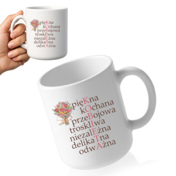 Kubek z napisem „Piękna Kochana PrzeBoJowa” z grafiką bukietu kwiatów