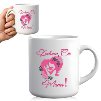 Kubek z napisem „Kocham Cię, Mamo!” trzymany w dłoni