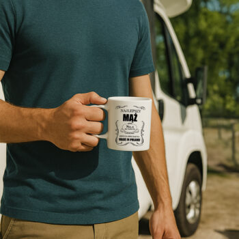 Mężczyzna trzymający kubek „Najlepszy Mąż” w plenerze, przy samochodzie