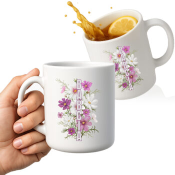 kubek z pionowym napisem BABCIA – kwiatowy motyw