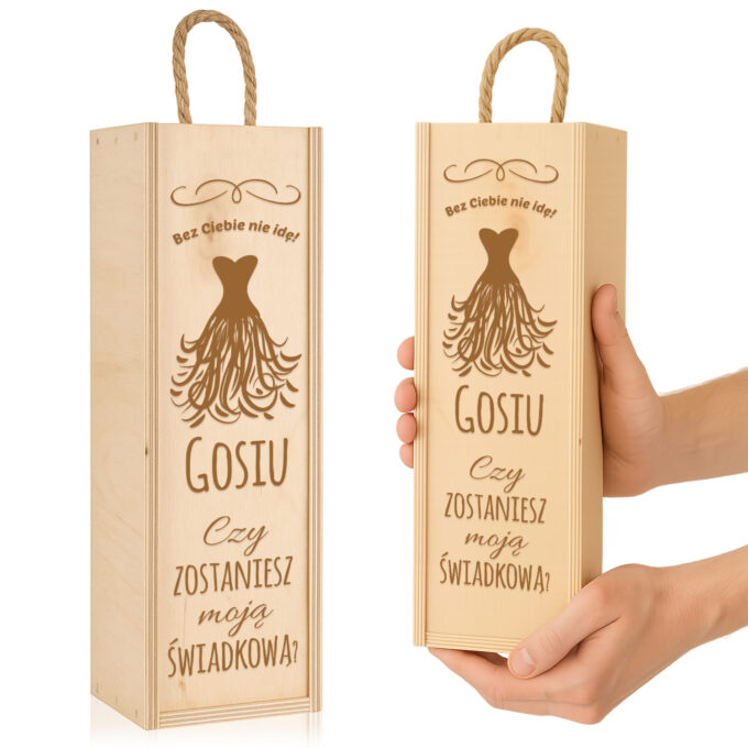 Personalizowana skrzynka na wino z pytaniem „Czy zostaniesz moją świadkową?” – elegancki prezent z grawerem
