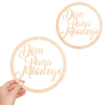 drewniana dekoracja ślubna z napisem „Dom Pana Młodego” – 35 cm