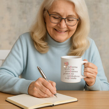 kobieta trzymająca kubek z hasłami o babci