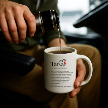 kubek z tekstem dla taty – aranżacja z kawą