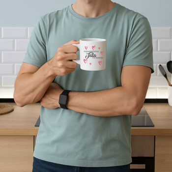 tata z kubkiem ozdobionym serduszkami