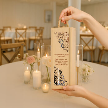 Skrzynka na wino z ornamentem prezentowana na stole w otoczeniu świec – elegancka dekoracja ślubna