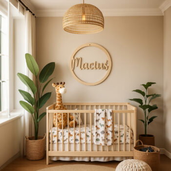 naturalna ozdoba z imieniem zawieszona nad łóżeczkiem