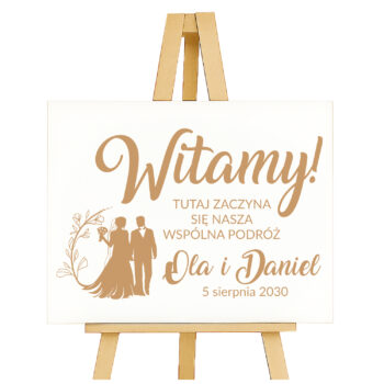 Personalizowana tablica ślubna „Witamy! Tutaj zaczyna się nasza wspólna podróż” z imionami i datą – widok katalogowy