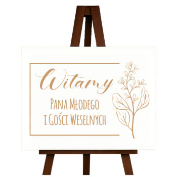 Drewniana tablica powitalna „Witamy Pana Młodego i Gości Weselnych” z liściem – widok katalogowy