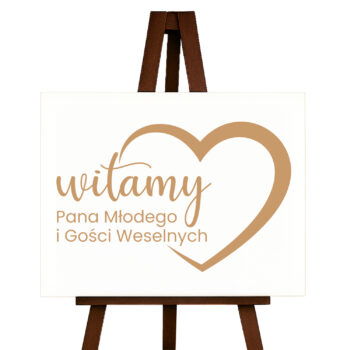 Drewniana tablica „Witamy Pana Młodego i Gości Weselnych” z dużym sercem – widok katalogowy