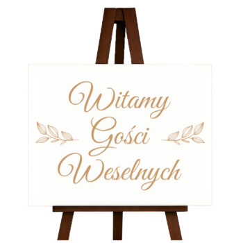 Drewniana tablica „Witamy Gości Weselnych” z liśćmi – widok katalogowy