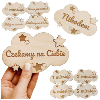 zestaw drewnianych chmurek z grawerem – do zdjęć miesięcznych dziecka