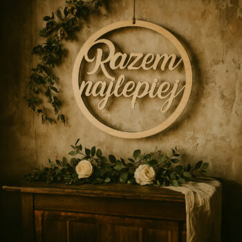 dekoracja „Razem najlepiej” zawieszona nad stołem pary młodej