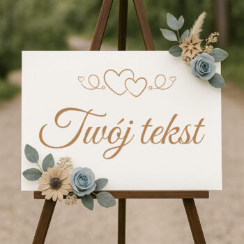 Drewniana tablica personalizowana w aranżacji z kwiatami – styl rustykalny