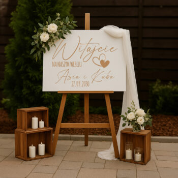 Drewniana tablica powitalna w aranżacji ogrodowej z kwiatami i świecami