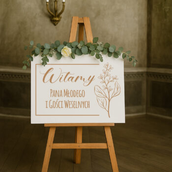 Tablica weselna w aranżacji z zielenią – sztaluga i kwiaty