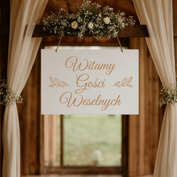Tablica ślubna zawieszona w drewnianej altanie – rustykalna aranżacja