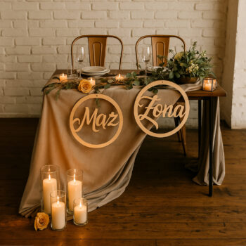 dekoracja „Mąż i Żona” nad stołem pary młodej