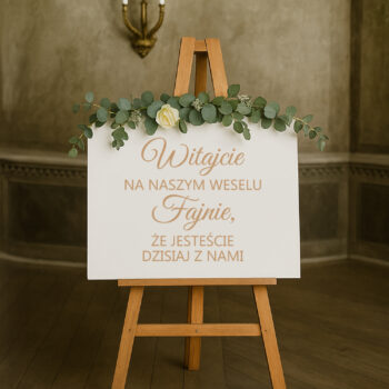 Tablica z napisem „Witajcie na naszym weselu” udekorowana zielonymi gałązkami – ustawiona wewnątrz sali