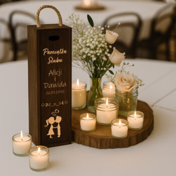 leganckie pudełko na wino z nadrukiem ślubnym ustawione na stole obok świec i bukietu kwiatów.