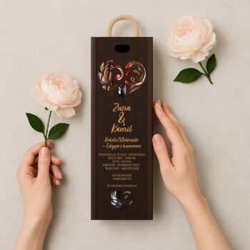 Eleganckie pudełko na wino z grafiką obrączek, obok jasny kwiat i kobieca dłoń