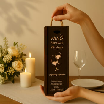 Pudełko na wino z grawerem ślubnym i motywem kieliszków, prezentowane na stole obok świec, kwiatów i nakrycia.