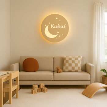 Lampka nocna LED księżyc z imieniem dziecka – aranżacja w pokoju