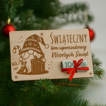 Bon podarunkowy ze świątecznym skrzatem i napisem „Wesołych Świąt”, z wstążką gratis – MiniGift.pl