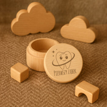 Drewniane pudełko pamiątkowe Pierwszy ząbek – naturalne drewno bukowe, prezent dla dziecka