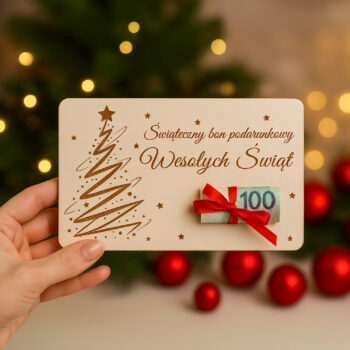 Drewniany bon podarunkowy z grawerowaną choinką i napisem „Wesołych Świąt”, ozdobiony wstążką