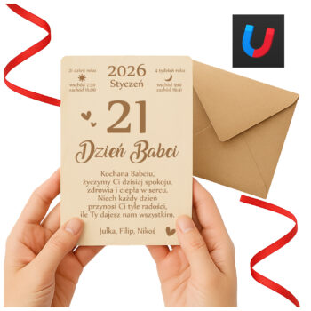 Drewniana kartka z kalendarza na Dzień Babci z grawerem i kopertą – prezent personalizowany