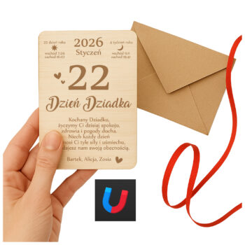 Personalizowana drewniana kartka na Dzień Dziadka – tabliczka z grawerem i kopertą