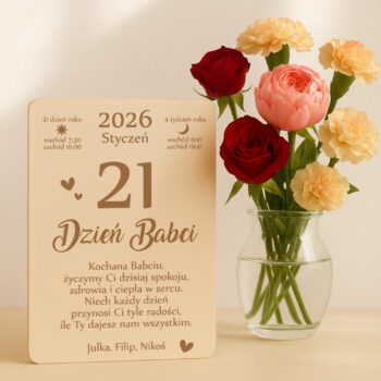 Drewniana kartka na Dzień Babci w aranżacji z kwiatami – elegancki prezent z grawerem