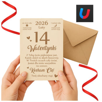 Drewniana kartka walentynkowa z grawerem trzymana w dłoniach, koperta i czerwona wstążka – gotowy prezent