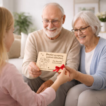 Dziadkowie otrzymują drewniany voucher od wnuków – wzruszający prezent dla Babci i Dziadka