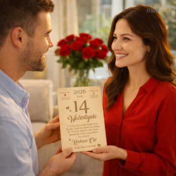 Wręczanie personalizowanej drewnianej kartki na Walentynki – grawerowana data i dedykacja