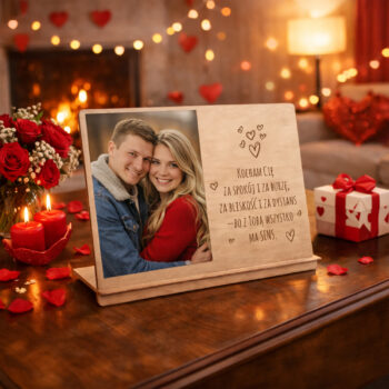 Drewniana ramka z grawerem i miejscem na zdjęcie 10x15 w romantycznej aranżacji – walentynkowy upominek