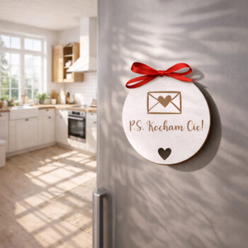 Tabliczka magnetyczna na lodówkę z napisem „P.S. Kocham Cię!”, czerwona wstążka, aranżacja w kuchni.