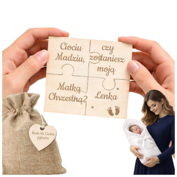 Drewniane puzzle z grawerem – prośba o bycie Matką Chrzestną, personalizowany prezent na Chrzest