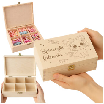 Drewniana szkatułka z grawerem imienia dla dziewczynki – pudełko na spineczki i biżuterię