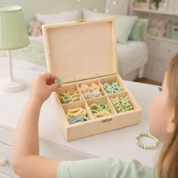 Otwarta drewniana szkatułka z przegródkami wypełniona kolorowymi gumkami do włosów