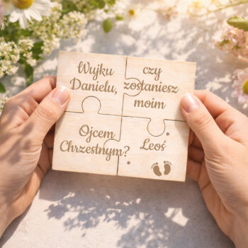 Personalizowane drewniane puzzle z pytaniem do Ojca Chrzestnego trzymane w dłoniach