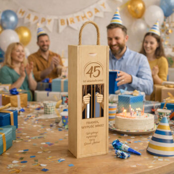 Personalizowana skrzynka na wino na 45 urodziny podczas przyjęcia urodzinowego