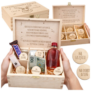 drewniany niezbędnik urodzinowy skrzynka prezentowa z grawerem i przegródkami