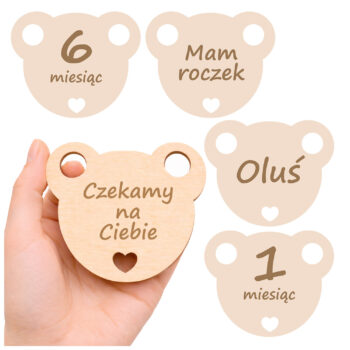 Drewniane tabliczki miesięczne dla dziecka w kształcie misia – zestaw