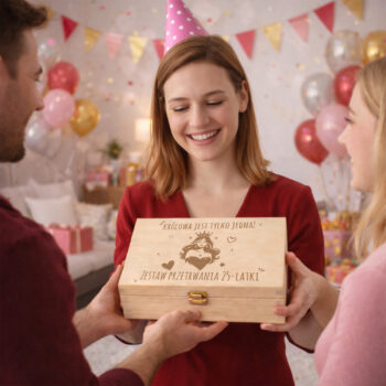 prezent urodzinowy niezbędnik drewniana skrzynka z grawerem wręczana solenizantce